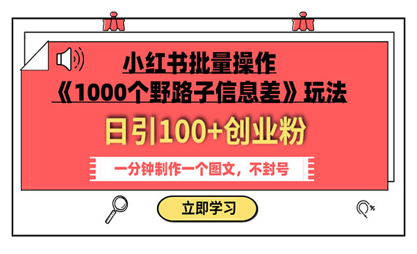《1000个野路子信息差》小红书玩法，日引100+创业粉 一分钟一个图文